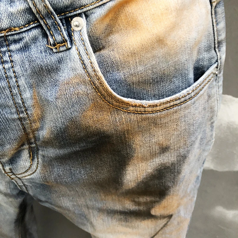 Pantalones vaqueros azules de calle para hombre, Vaqueros elásticos de pies pequeños con pintura a la moda, pantalones elásticos de Hip Hop, pantalones vaqueros para hombre, pantalones de motocicleta