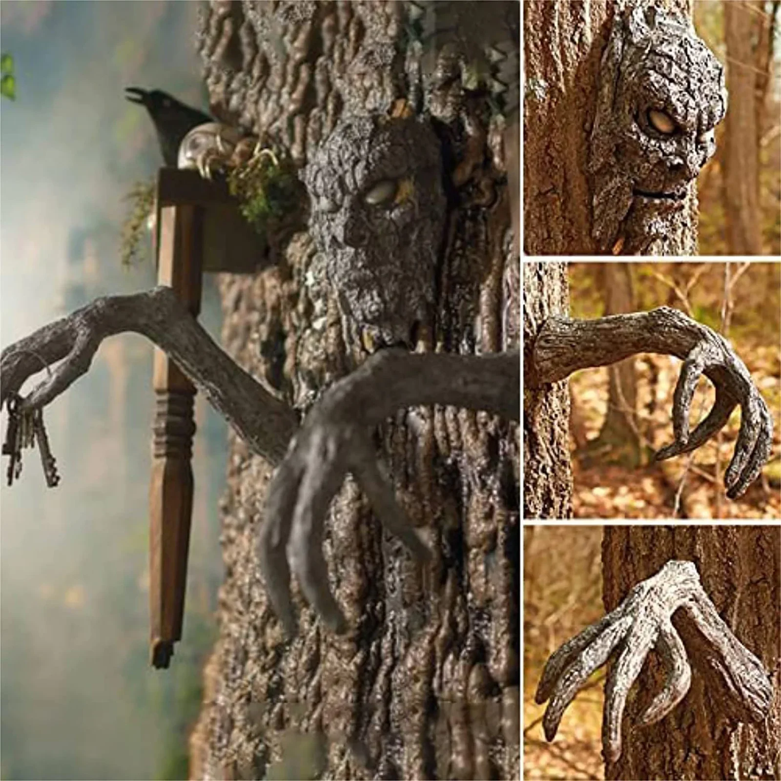 Tree Bark Face Halloween Outdoor Garden Statue Ghost Face Sculpture Decor Horror Tree Demon Decoration Haunted House