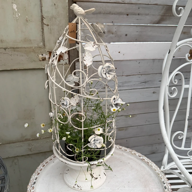 White Do Old Birdcage Trellis for Climbing Roses Garden Flower Stand for Patio Antique Metal Planter Holder Balcony Decor Cage