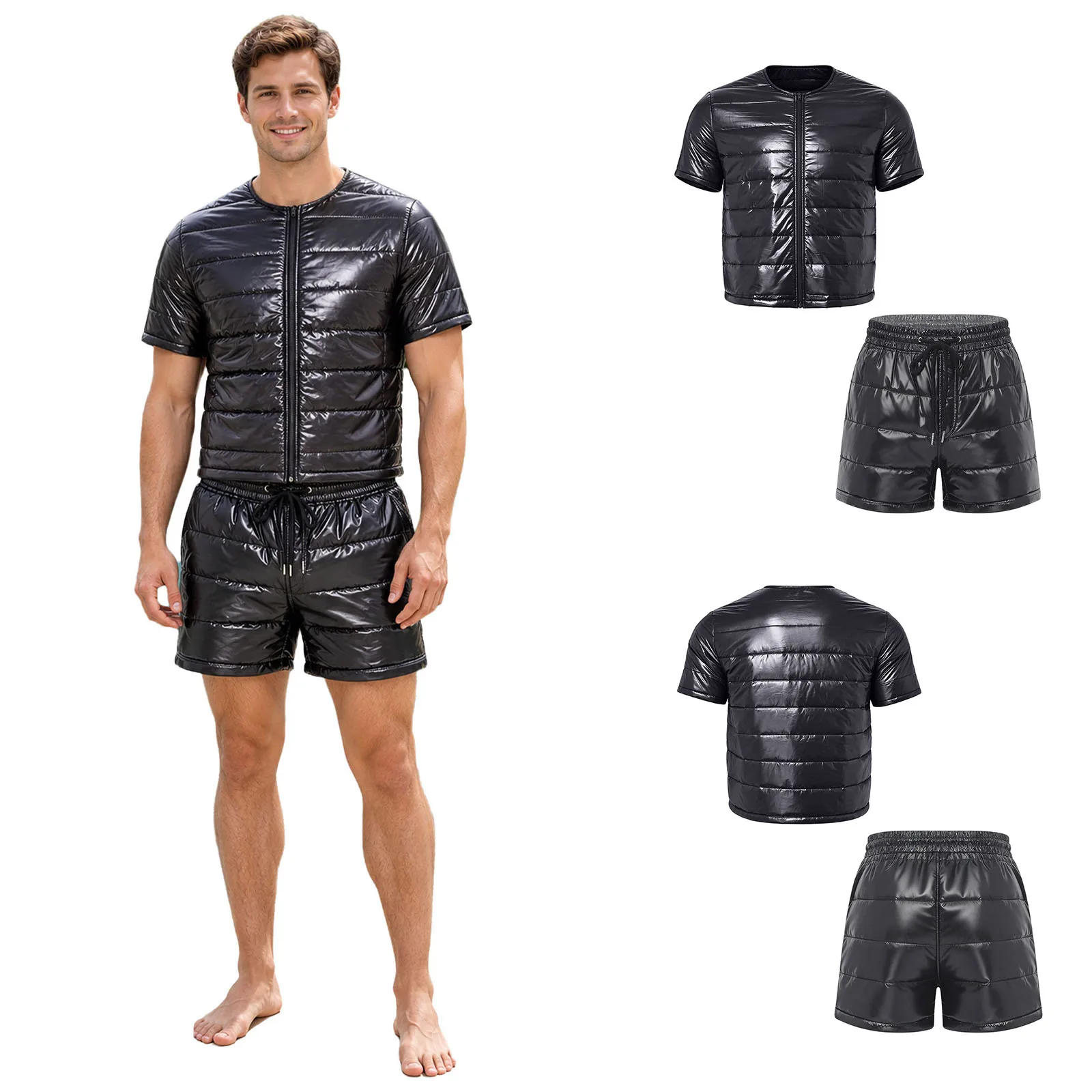 Men Padded Outfit Short Sleeve Jacket with Loose Fit Boxer Shorts Sweatpants Leakproof Lightweight for Home Sports Training Set