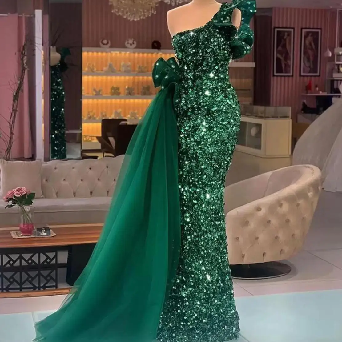 

2022 Elegant Arabic Dark Green Formal Evening Glitter Sequined One Shoulder Mermaid Prom Dress Peplum Floor Length فساتين السهرة