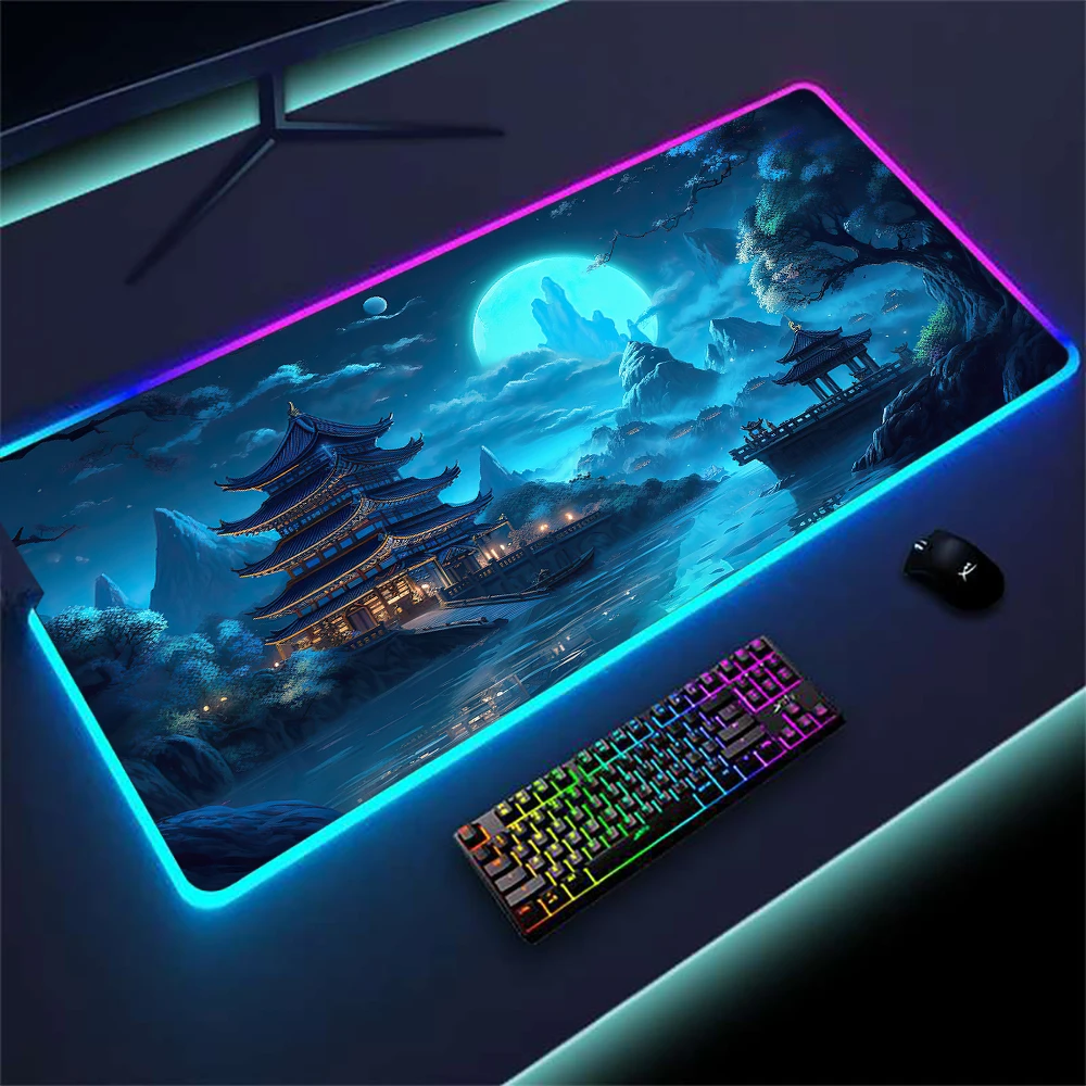 Blue Mousepad Rgb Desk Mat Fantasy Landscape Mouse Pad Gaming Setup Accessories 120x60 Gamer Room 90x40 Moise Pad Backlit Led