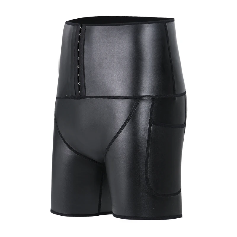 Legal menino estiramento calças de couro falso corpo shaper cintura trainer cintura alta abdômen 3 ganchos compressão shorts de couro com bolsos