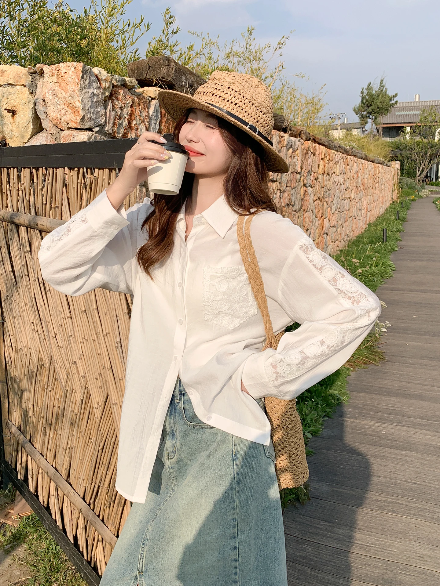

White Lace Long Sleeve Shirt Jacket Women's Spring New Loose Thin Women's Shirt Cardigan Top Korean Style Breathable Comfortable