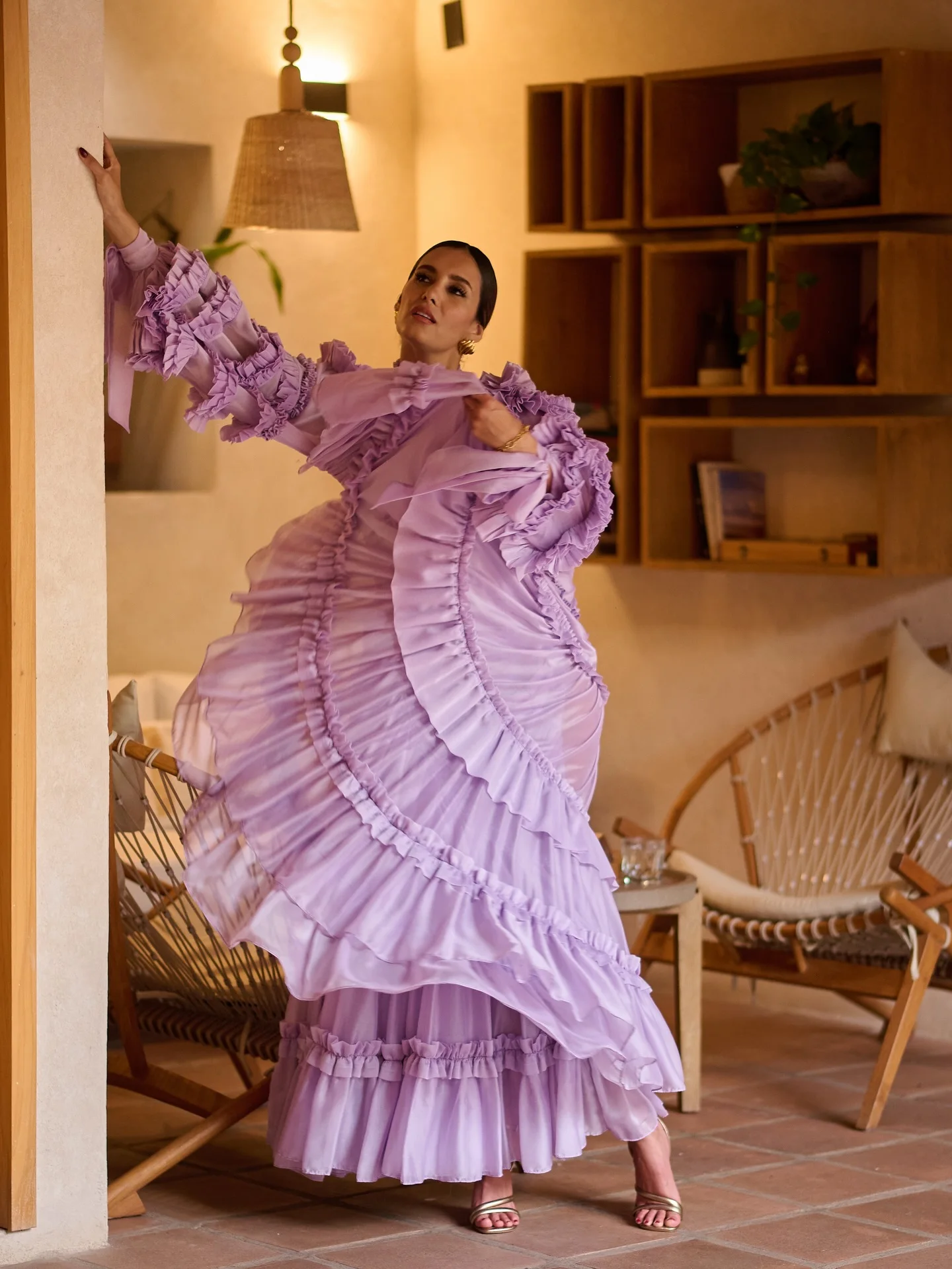 Vestido maxi Boho lavanda com decote em V profundo e mangas com babados – Vestido de festa de verão – Vestidos formais femininos feitos sob medida estilo Oodji