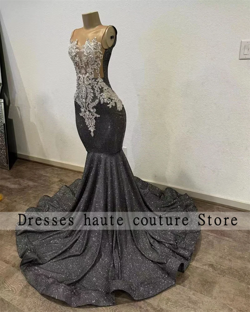 Customized Balck Sequins Mermaid Prom Dress For Black Girls 2025 Silver Crystal Appliques Birthday Party Gown robes de soirée