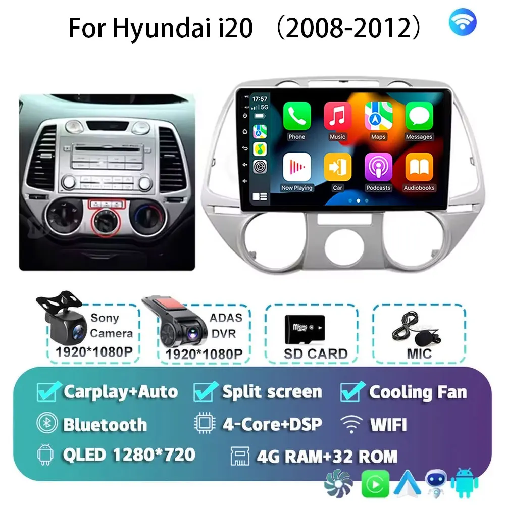 Android 15 Carplay Voor Hyundai i20 2008 2009 2010 2011 2012 Autoradio Stereo Multimedia Video Player WIFI Touchscreen