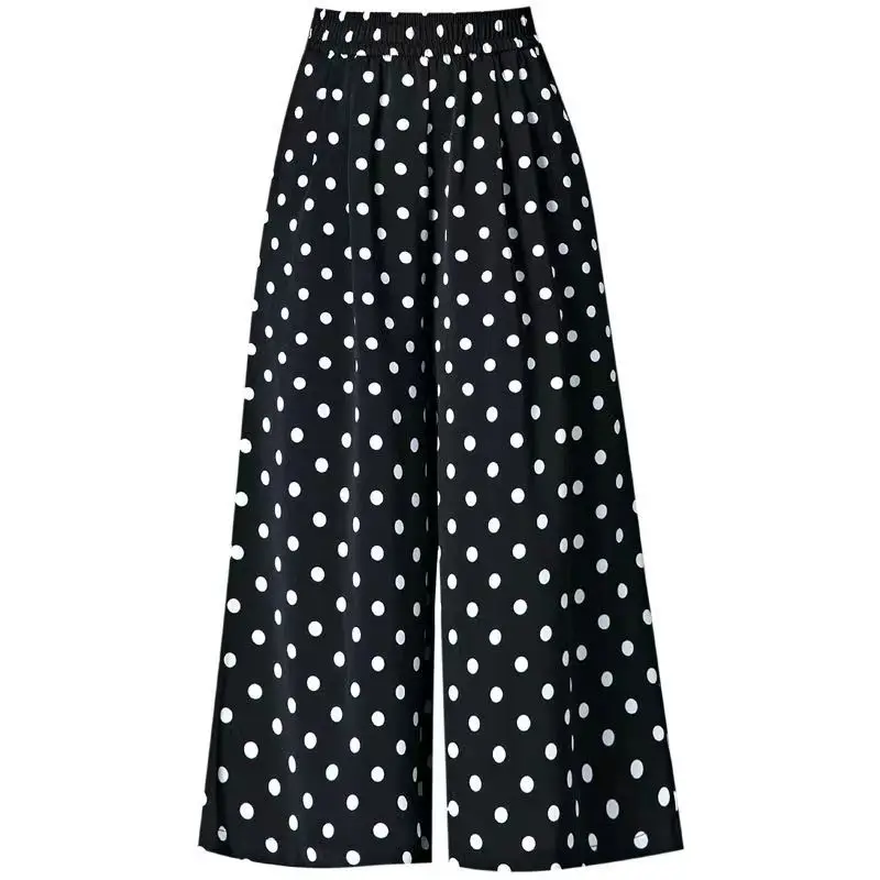 Fashion Polka Dot Printing Wide Leg Summer Loose High Waist Straight Black Women's Clothing 2024 New Korean Calf-Length Pants