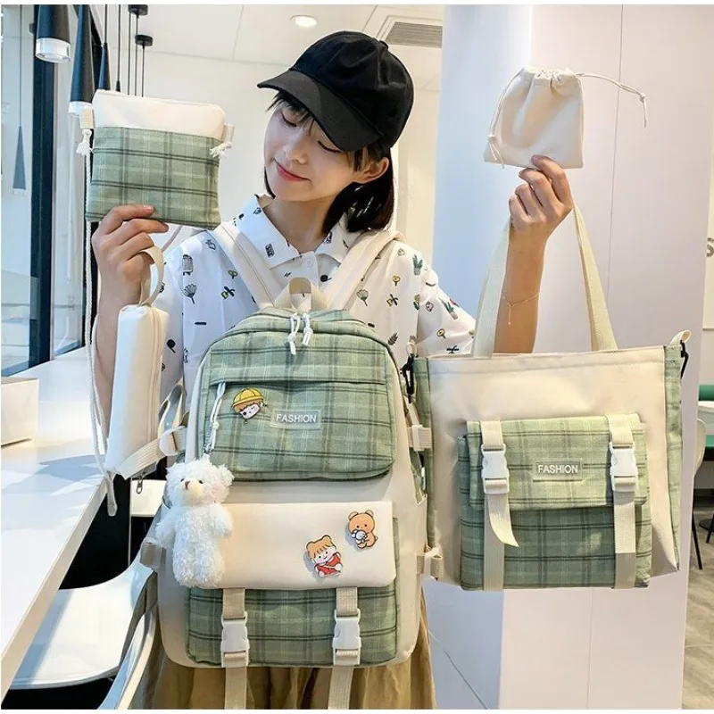 Japanese Cute Plaid Primary School Students Schoolbag Women Fashion Backpack 5pcs Set with Handbag Kawaii Girls Travel Backpacks