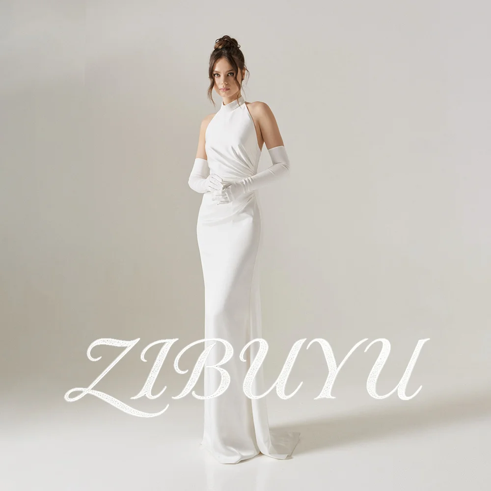 

ZIBUYU Customized Minimalist Satin Mermaid Simple Wedding Dress High Neck Halter Sleeveless Ruched Waist Open Back Bridal Gowns