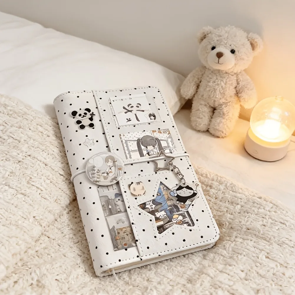 Cuaderno A6 de tela con lunares, 6 anillas, hojas sueltas, portátil, álbum de recortes DIY, diario, álbum de fotos con múltiples bolsillos, planificador, regalo escolar