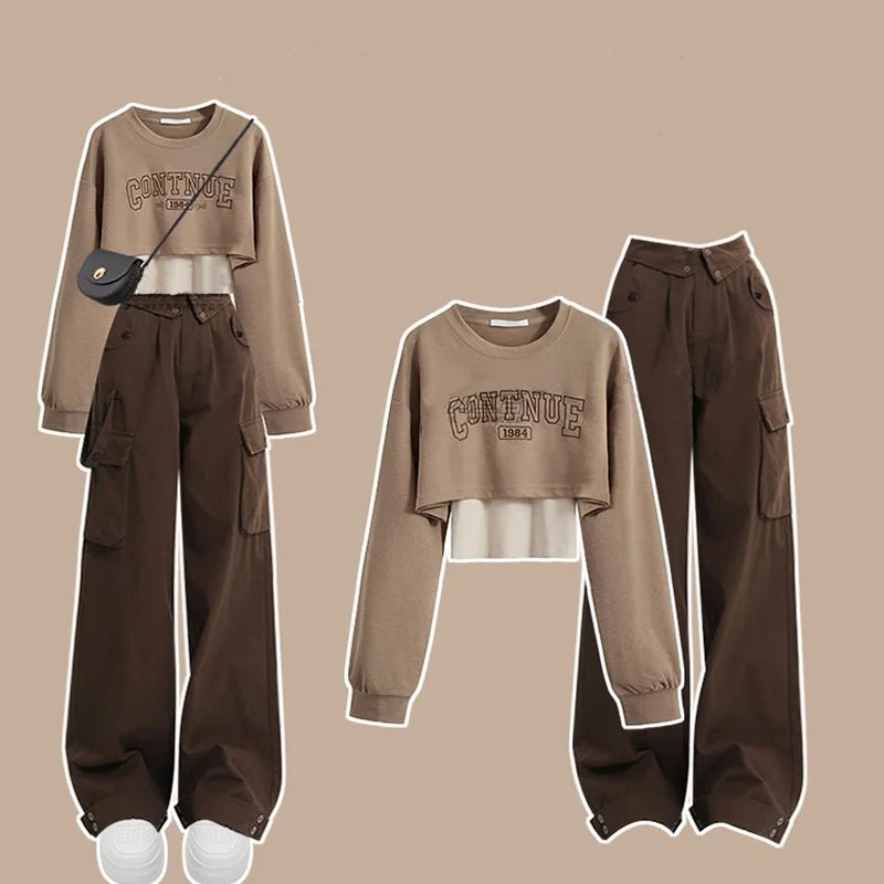 Autumn Wear Women's Set 2024 New Korean Edition Round Neck Top with Hanging Strap Work Pants Three Piece Set Clothes for Women