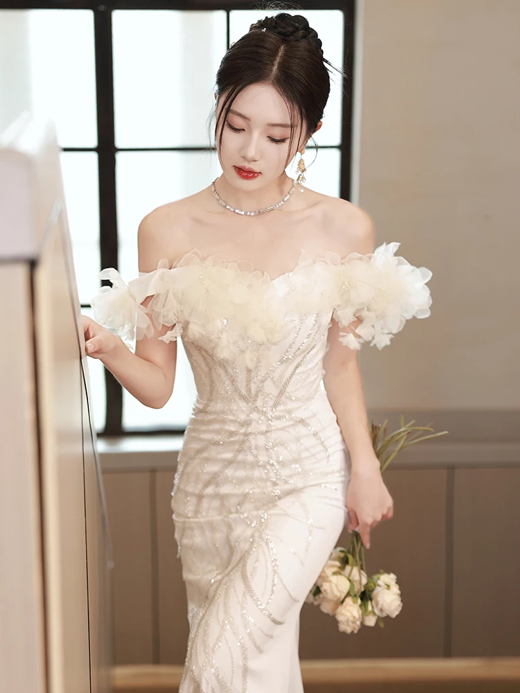 

Белое вечернее платье с пайетками и хвостом русалки, на одно плечо, длинное, для женщин, в корейском стиле, с поясом на талии, свадебное платье