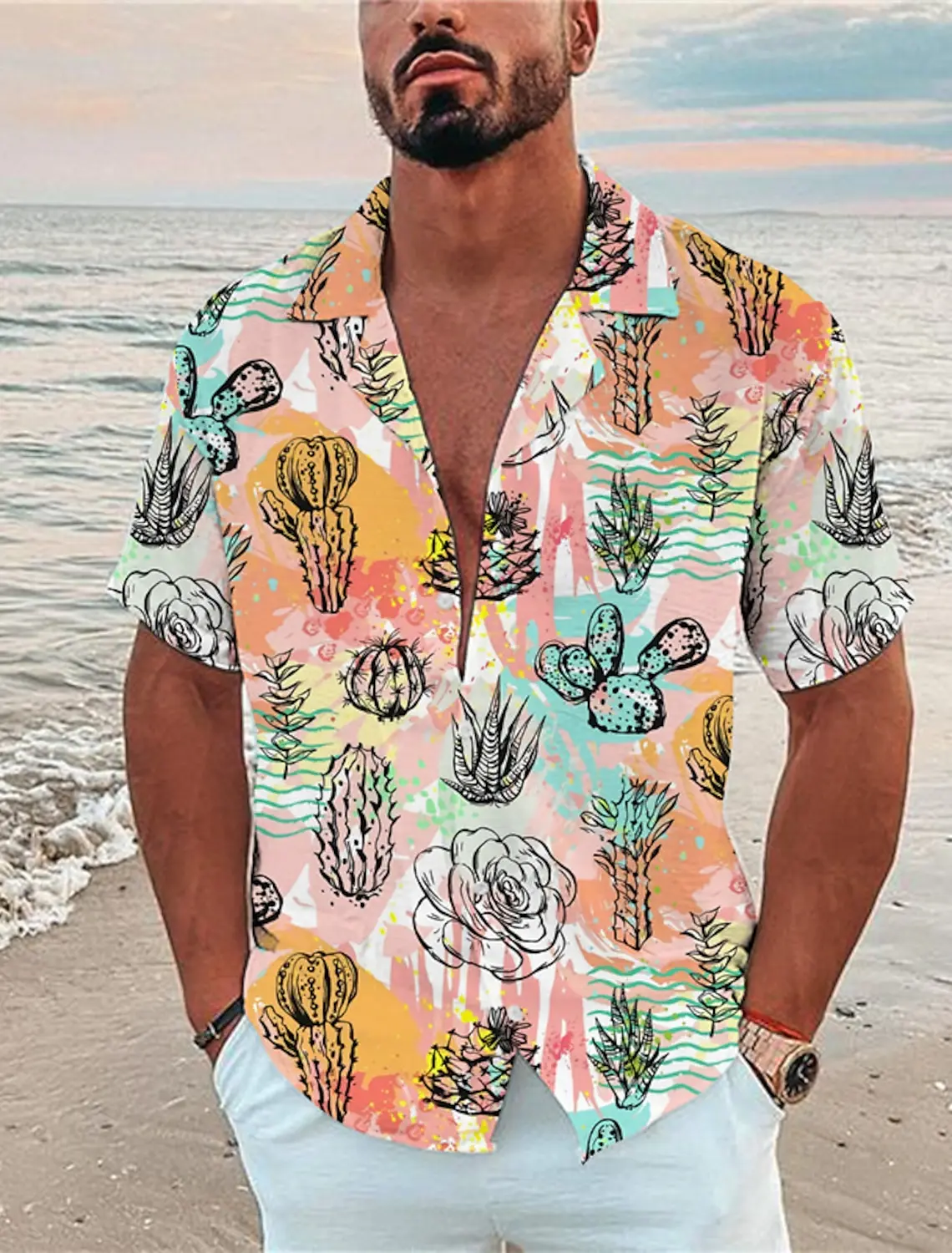 Men's Shirt Cactus 3D Print Men's Clothing Oversized Summer 2024 New Travel Hawaii Beach Hawaiian Harajuku Short Sleeves Shirt