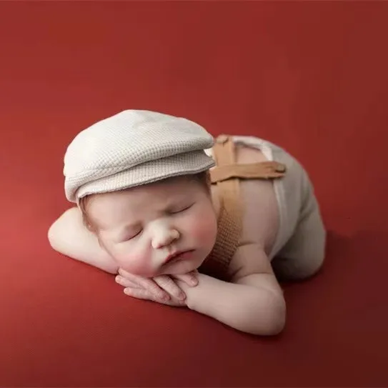 2pcs/set Newborn Boys Photoshoot Clothes Cute Solid Infant Suspender Jumpsuit +Gentlemen Hat Baby Boys Photography Props Outfits