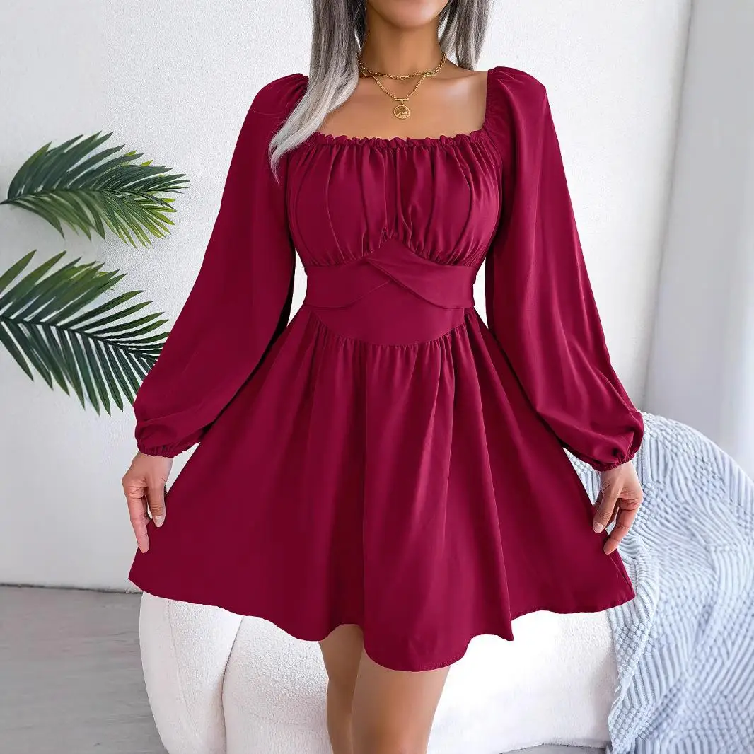 Spring Summer Casual  Color Wooden Ear Trim Square Collar Waist Cinched Maxi Dr Cross-Border Women's High Waist A-Lin...