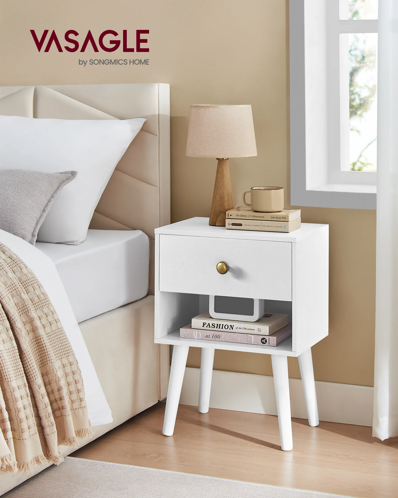 VASAGLE Bedside Tables, Set of 2, Side Table with Storage Drawer and Open Shelf, Solid Wood Legs, End Table