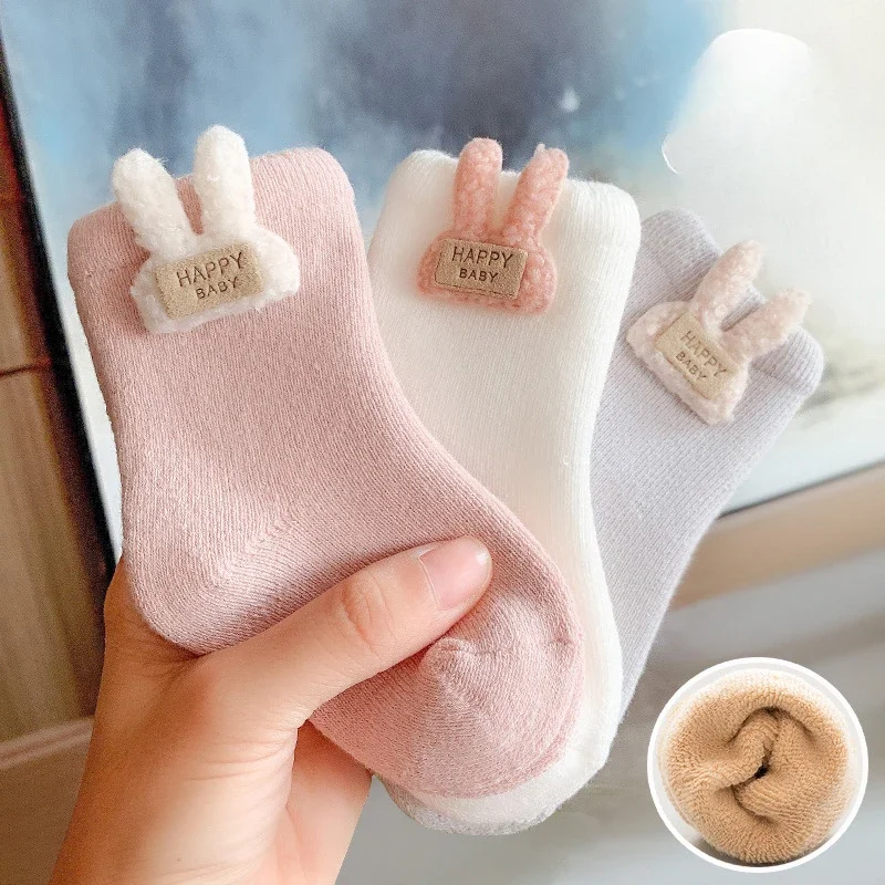 

3pcs Children Socks Thicken Autumn Winter Terry-loop Hosiery Baby Boy Girl Cotton Cartoon Socks Warmth Slipper Socks 0-5 Years