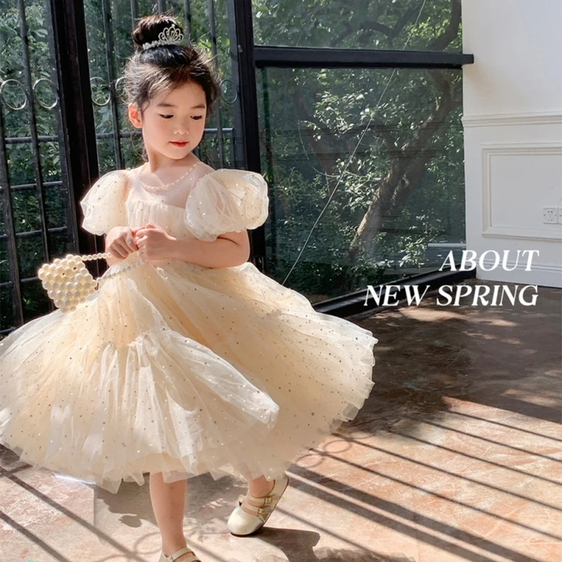 Summer Dresses Girls' Elegant Dress Girl Baby Bubble Sleeve Mesh Sequin Dress Temperament Princess Party Short Sleeve Dress