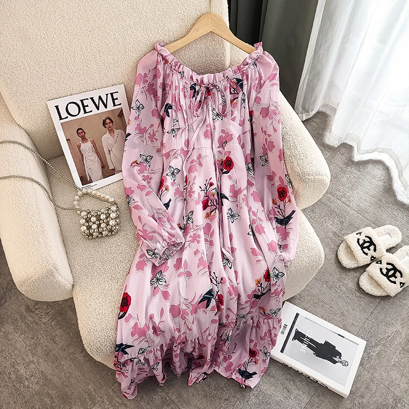 

Elegant Summer Chiffon Floral Dress Vintage Women Sexy Deep V Neck Flower Print Puff Sleeve Female Belt Bohemian Long Vestidos