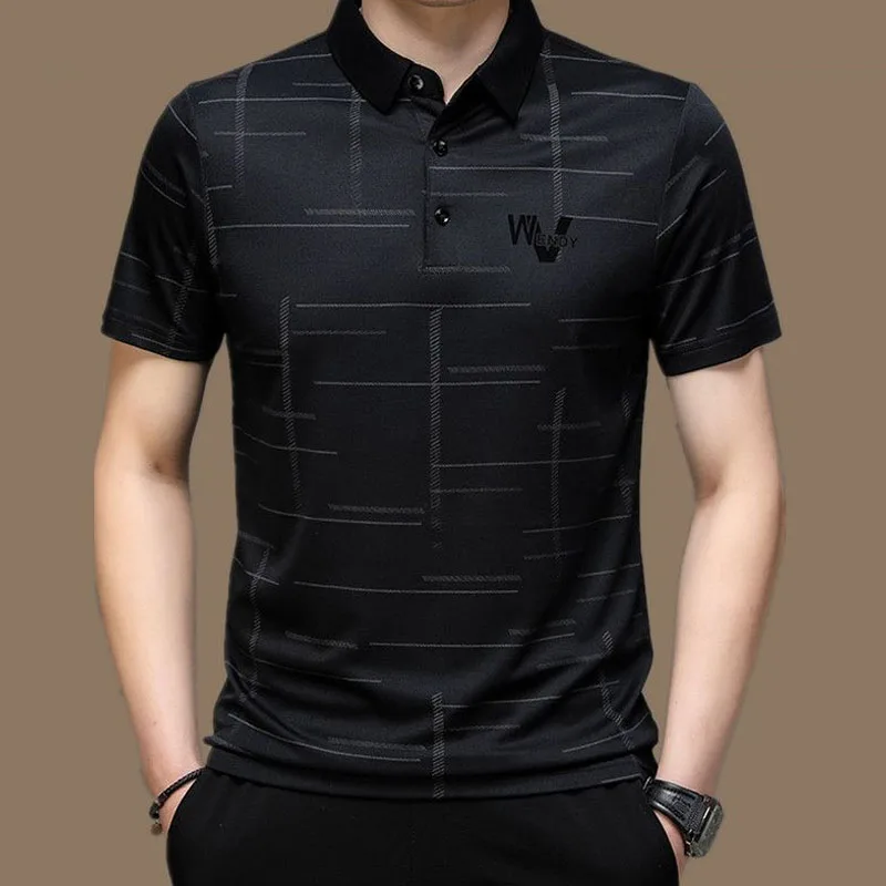 Summer Business Office Casual Short Sleeve Polo-Neck T-shirt 2023 Fashion Male Clothes Korean Trend Printed Spliced Men\'s Tops