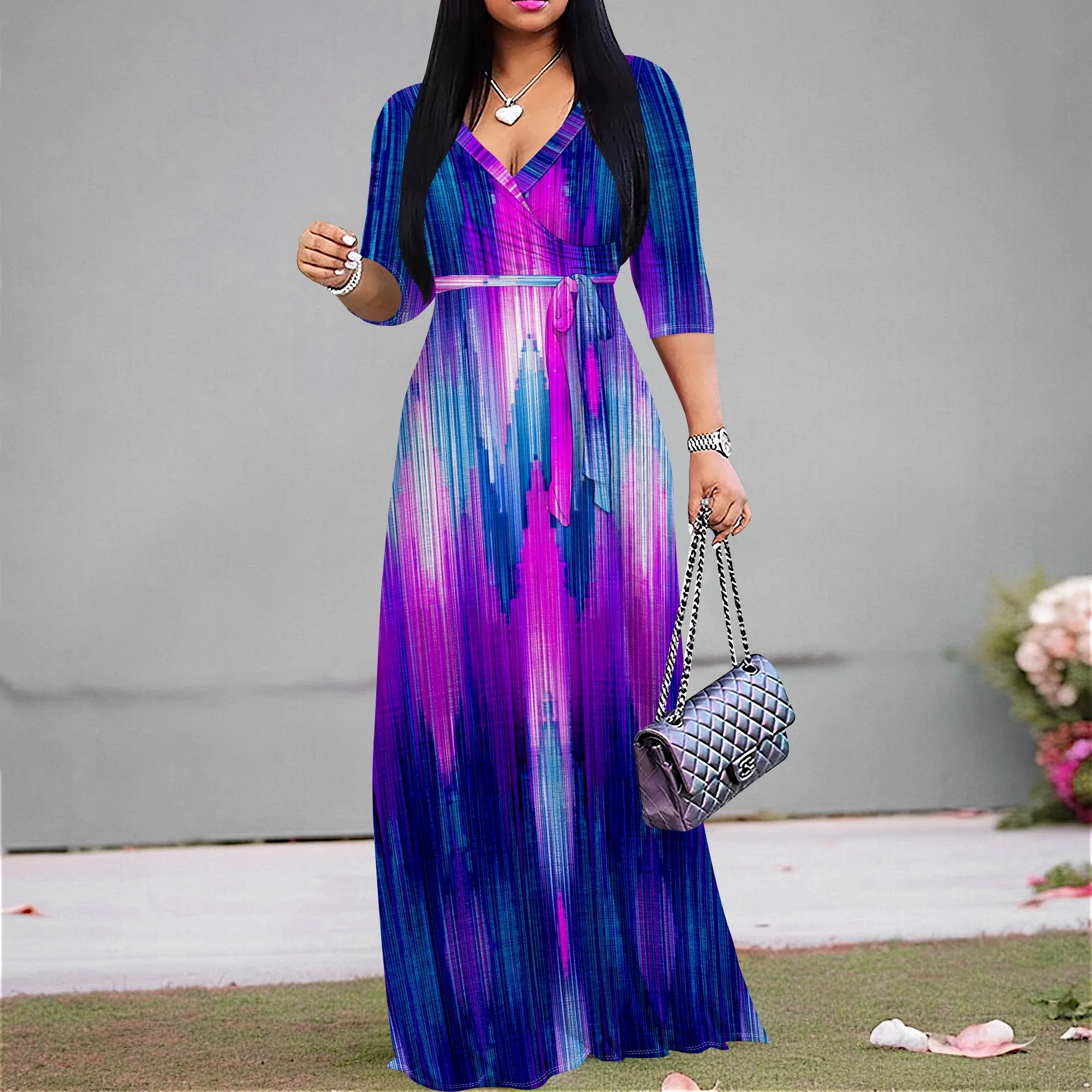 

Women's Summer Maxi Dress V Neck Belted Elegant Vacation Dress Casual Abstract Striped Long Dress XS-3XL