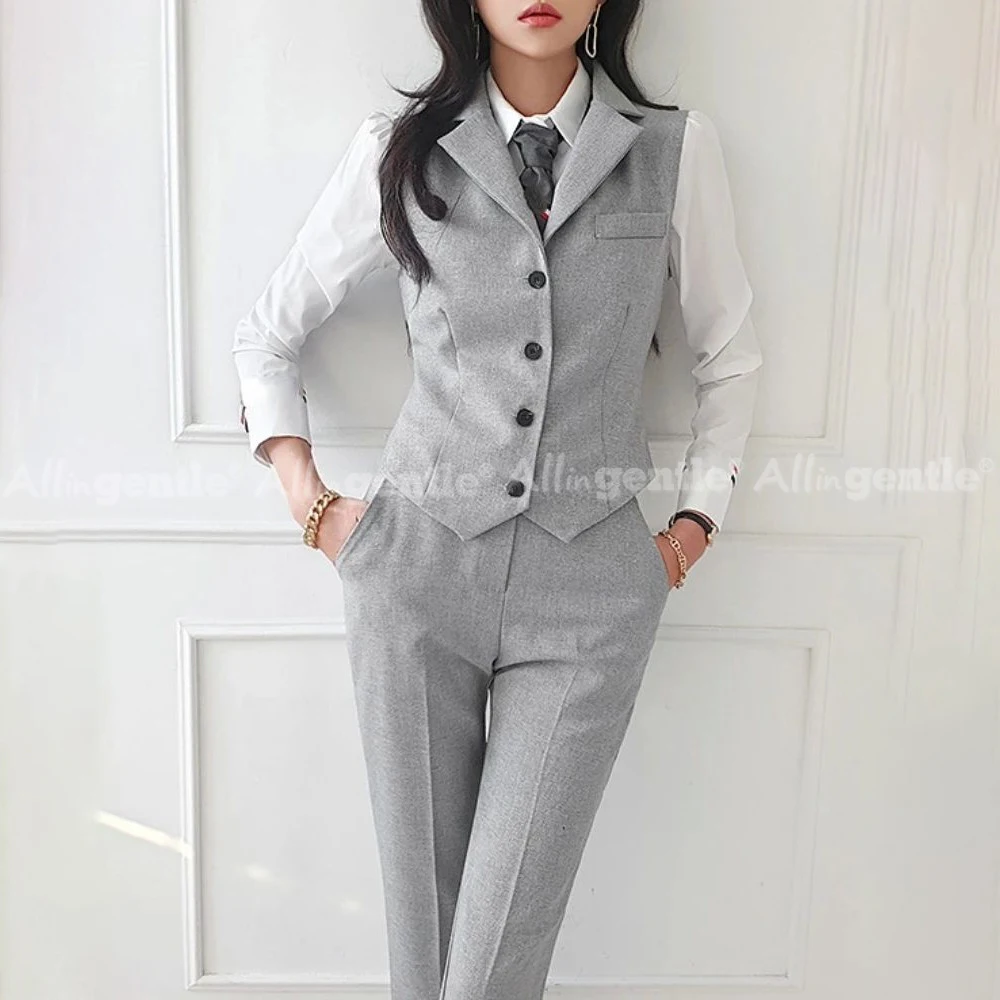 Women Pants Suits 3 Piece Suit for Women Slim Fit Business Office Collarless Jacket, Peak Lapel Vest Womens Fashion Suit