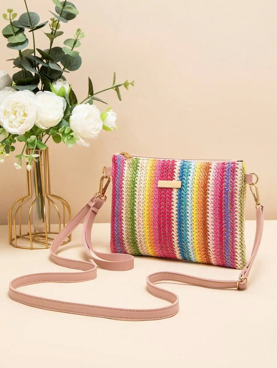 

Красочная полосатая плетеная сумка через плечо с регулируемым ремнем