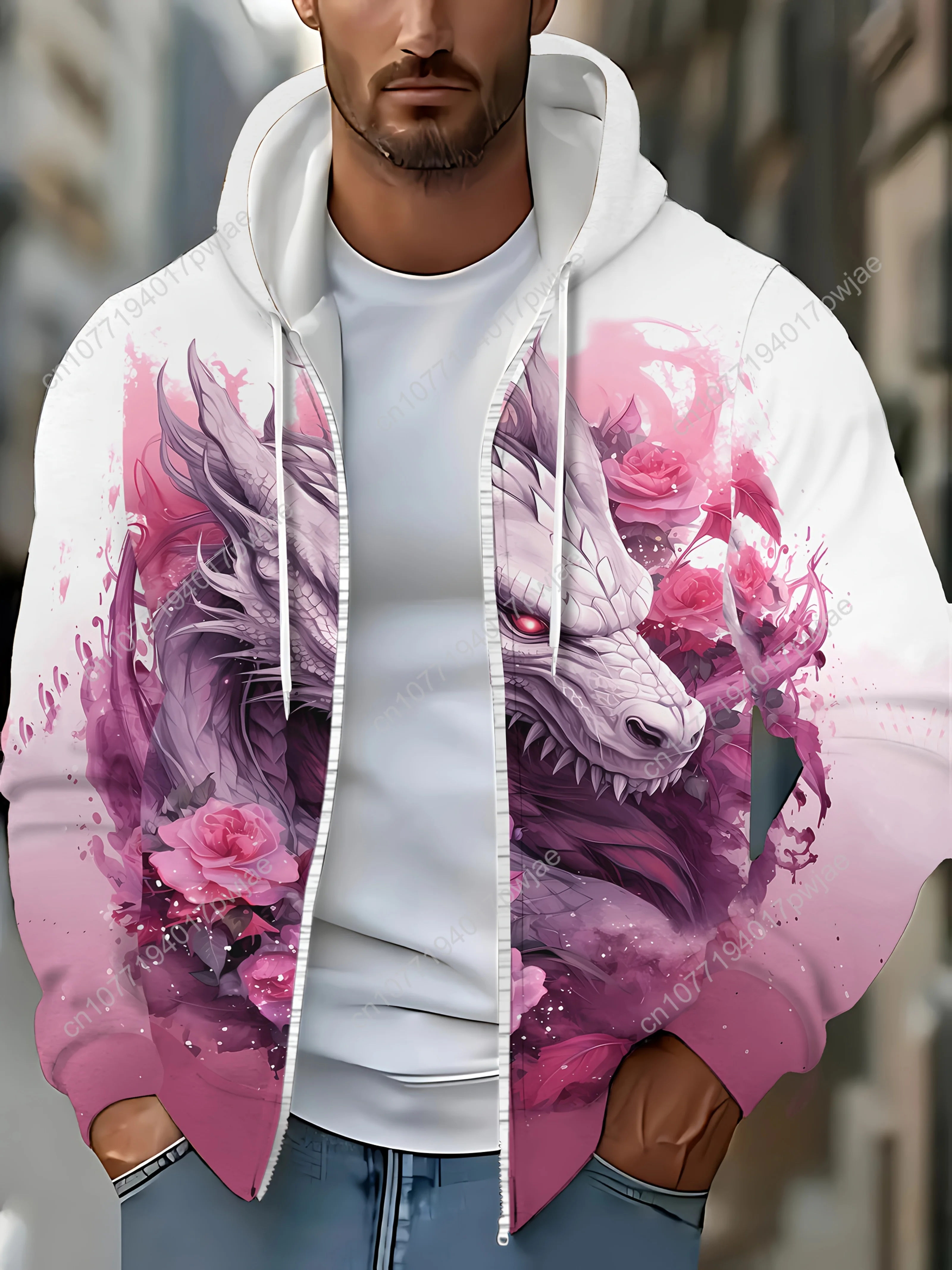 [Giacca con cappuccio floreale con cerniera] Giacca con cappuccio con zip da uomo - Motivo floreale di ispirazione asiatica, Transizione di colore bianco/rosa/rosso, lunga