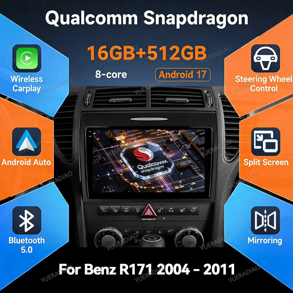 Rádio Automotivo Android 17 para Mercedes-Benz SLK-Class SLK Class R171 2004 - 2011 GPS NAVI Unidade Principal Multimídia Reprodutor de Vídeo BT 2DIN