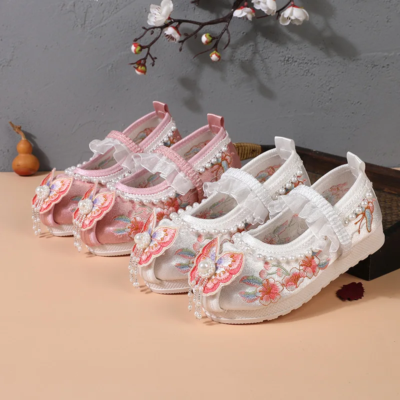 Girls Flat Bottomed Embroidered Sandals Comfort Girls Shoes Children's Embroidered Cloth Princess Shoes