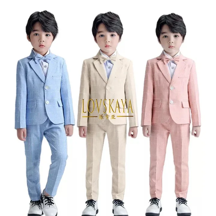 Formal Long Sleeve Grey Blue Plaid Tuxedo Set Gentleman Children Birthday Wedding Party Suits Boys