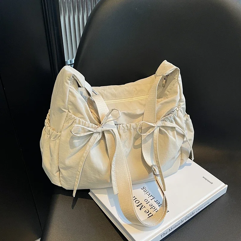 

Sewing Thread Soft Nylon Bow Decorate Bags Simple Ladies Bags 2025 Solid Color Zipper Women's Shoulder Bags