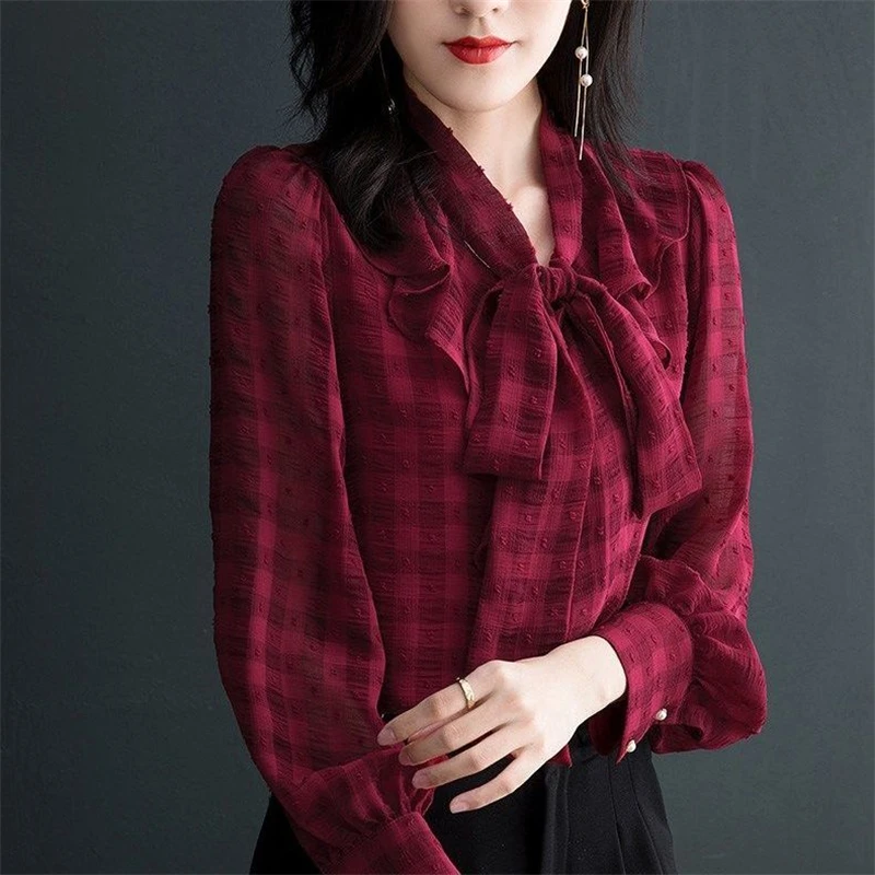 Women Korean Ruffles Lace Up Elegant Blouses Autumn Office Lady Casual Shirts Solid Long Sleeve Loose Tops Blusa Mujer Moda 2023