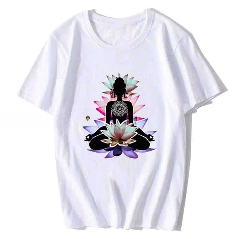 Womens Wit T-shirt Zen Boeddha Lotusbloem Spirituele Meditatie Yoga TShirt Tees Tops Streetwear Harajuku