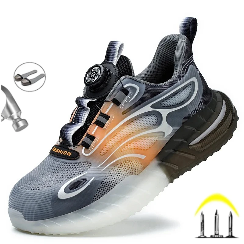 Fashion Men Safety Shoes Rotary Buckle Work Sneakers Protective Industrial Puncture-Proof Anti-smash Steel Toe Boots Footwear