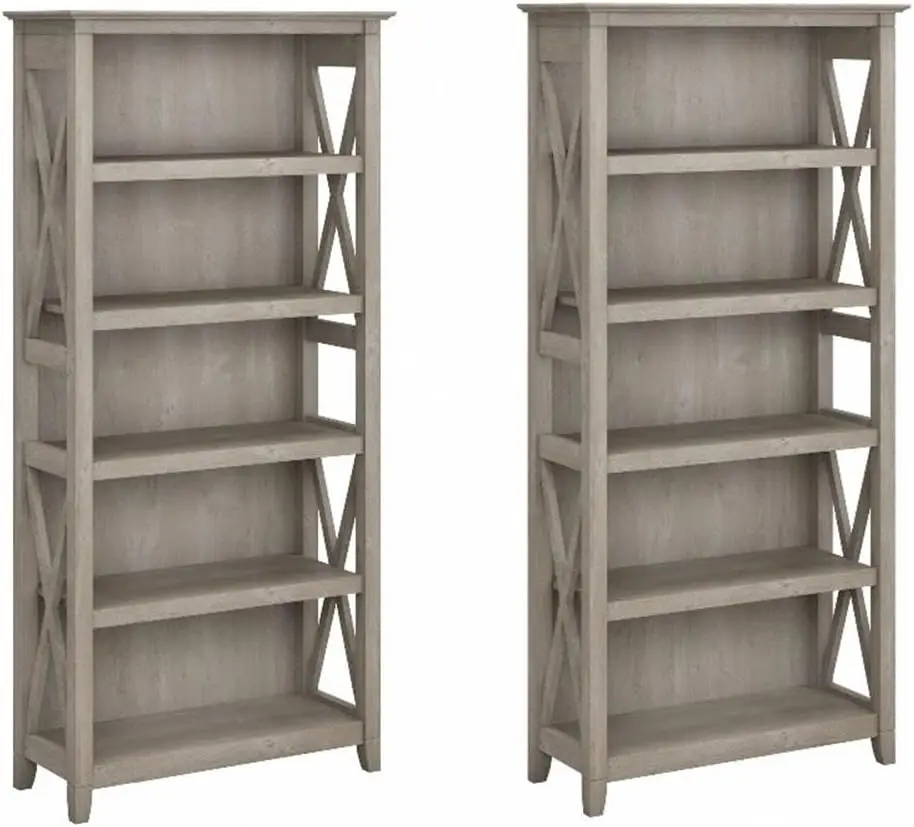 Furniture Key West 5 Shelf Bookcase - Set of 2 Tall Bookshelves in Washed Gray Sturdy Display Shelves for Library