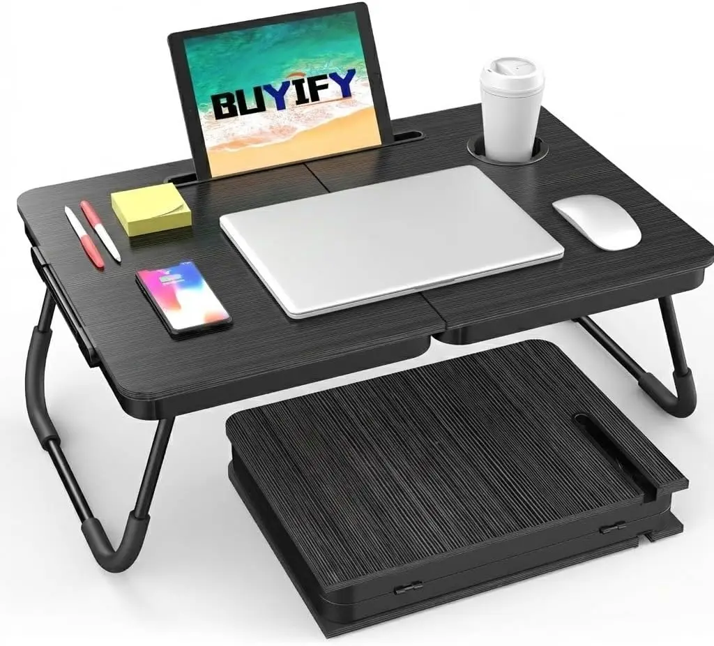 Foldable Laptop Bed Desk with Cup Holder and Tablet Slot