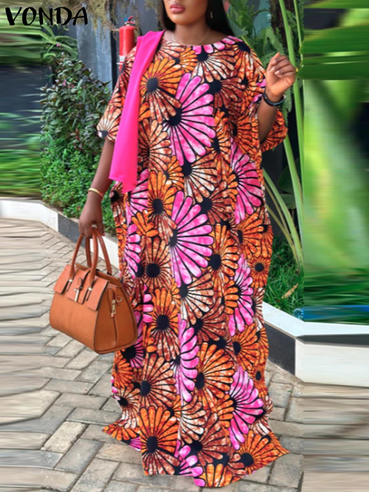 VONDA Plus Size Abito lungo bohémien da donna Abiti lunghi estivi Abito estivo da spiaggia stampato vintage Abito da festa con maniche a lanterna casual