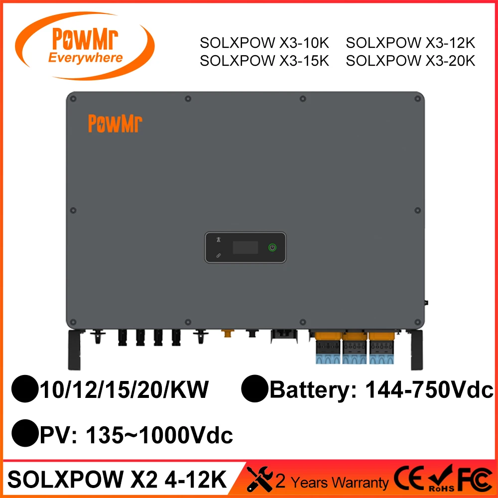 PowMr Three-Phase Solar Inverter 10kW 12kW 15kW 20kW Pure Sive Wave Hybrid Energy Storage Machine 135-750V Battery Voltage Range