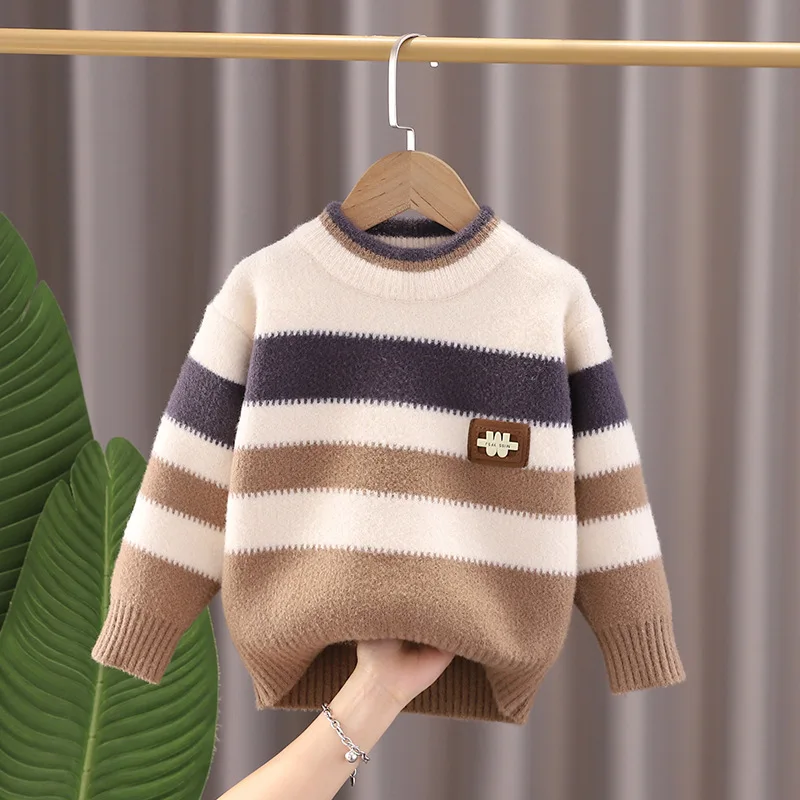 Kids' Crew Neck Boys' Thickened Sweater Fleece-lined Warm Contrasting Colors Pullover Sweater Daily Autumn Winter Knitted Shirt