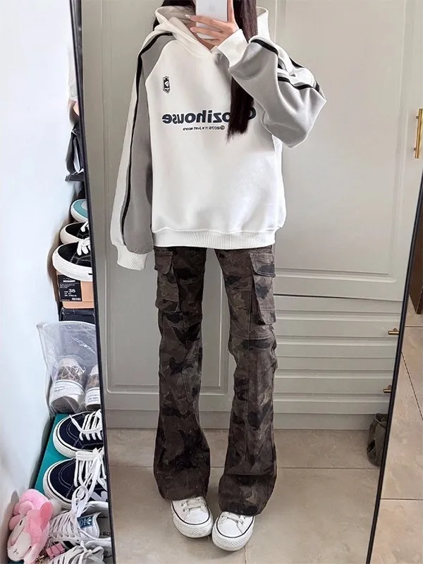 

American Retro Camouflage Flared Men's Jeans High Street Winter Straight Leg Workwear Trousers Clean Fit Loose Straight