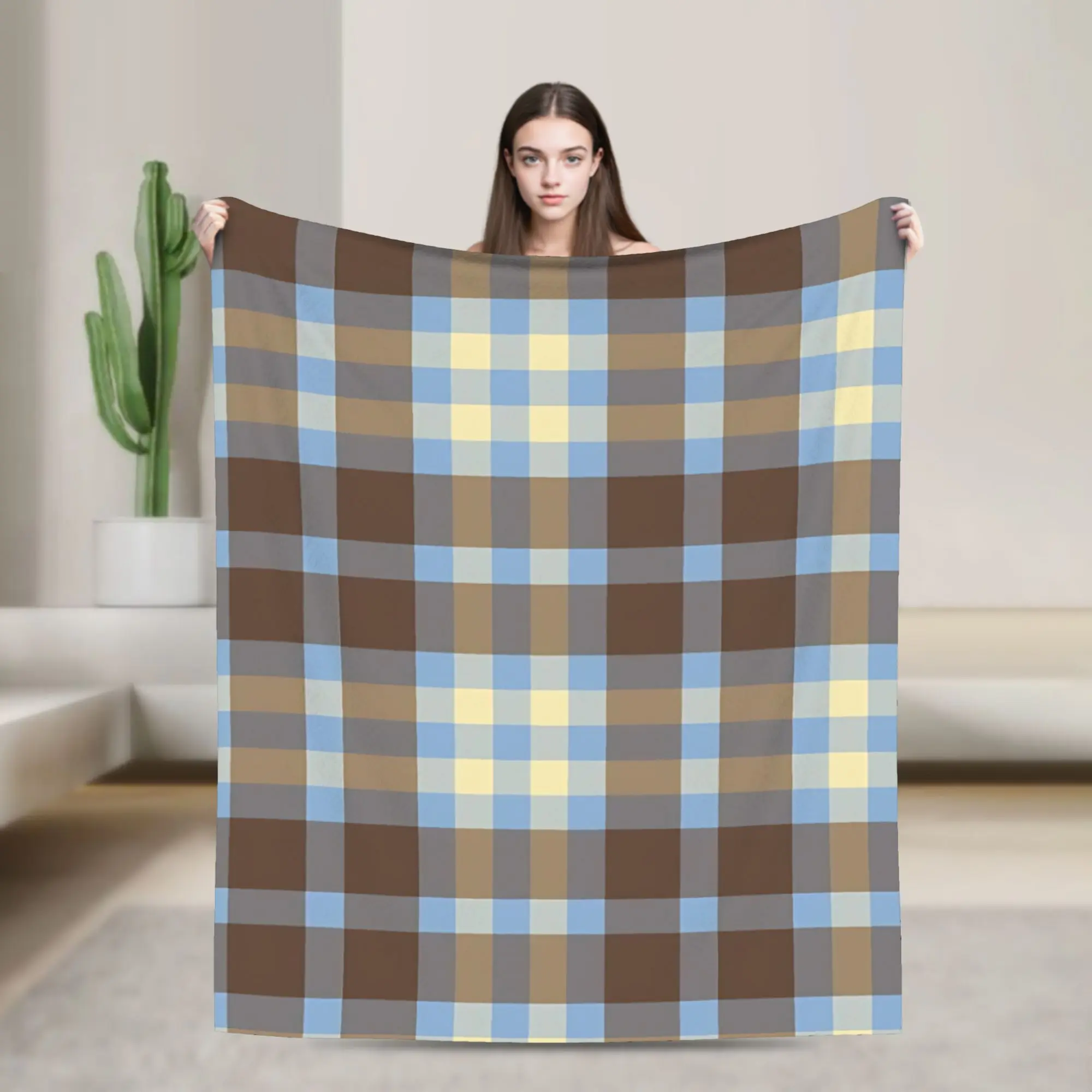 Rustic Autumn Blue Gingham Tartan  Knitted Blanket  Flannel Throw Blanket Home Couch Decoration Lightweight Bedsprea,