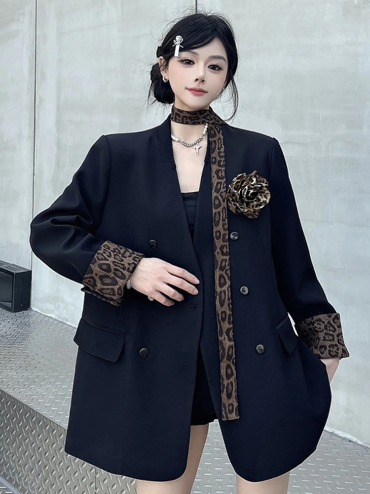 YERMORA Dames Zwart Luipaard Lint Bloem Casual Blazer V-hals Lange Mouw Losse Nieuwe Jas Mode Tij Lente Herfst 2025