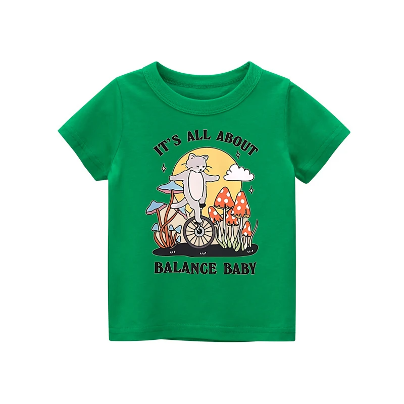 

Cartoon Cat Riding Unicycle Print Short-sleeved T-shirt For Boy Girl Summer Casual Short Sleeve Tee Shirts Children's Daily Wear