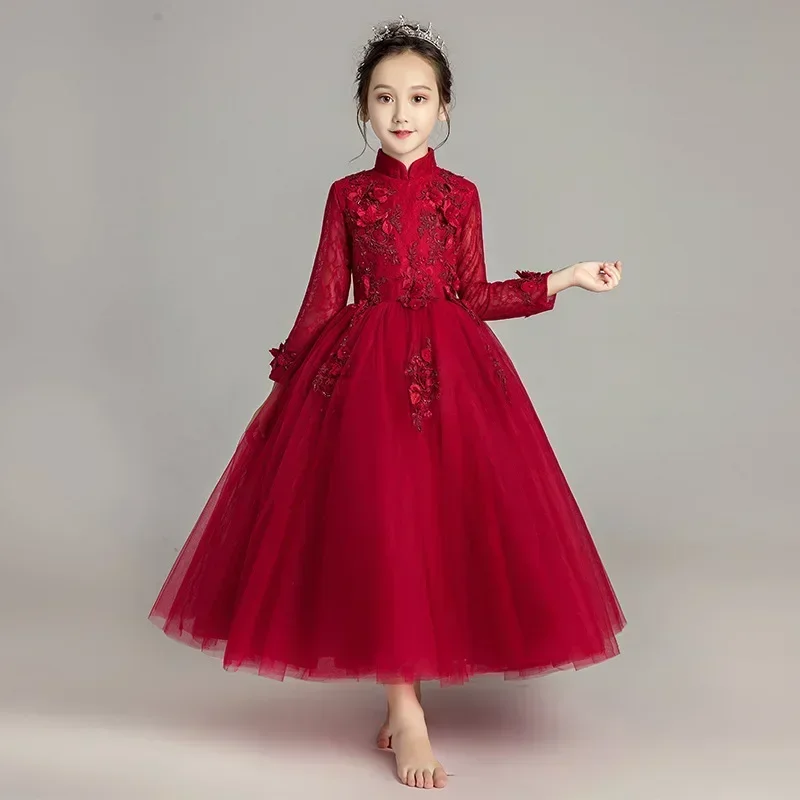 

Flower girl skirt long sleeved evening dress fluffy gauze children's piano performance suit