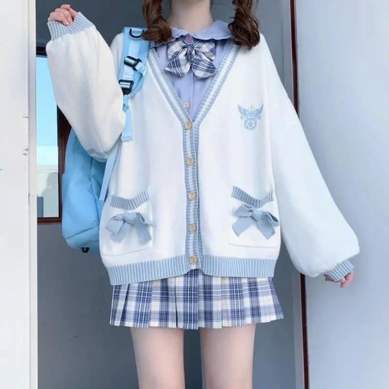 Knitted Cardigan Sweet Girl Sweater Lazy Academy Style Loose Sleeve Harajuku Girl JK Uniform Kawaii Bow Decoration Cardigan Coat