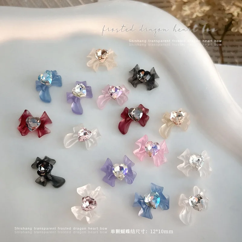 5pcs Ice Transparent Frosted Resin Bowknot Heart Drill Rhinestone Crystal Nail Art Decoration Ribbon DIY Manicure Accessories