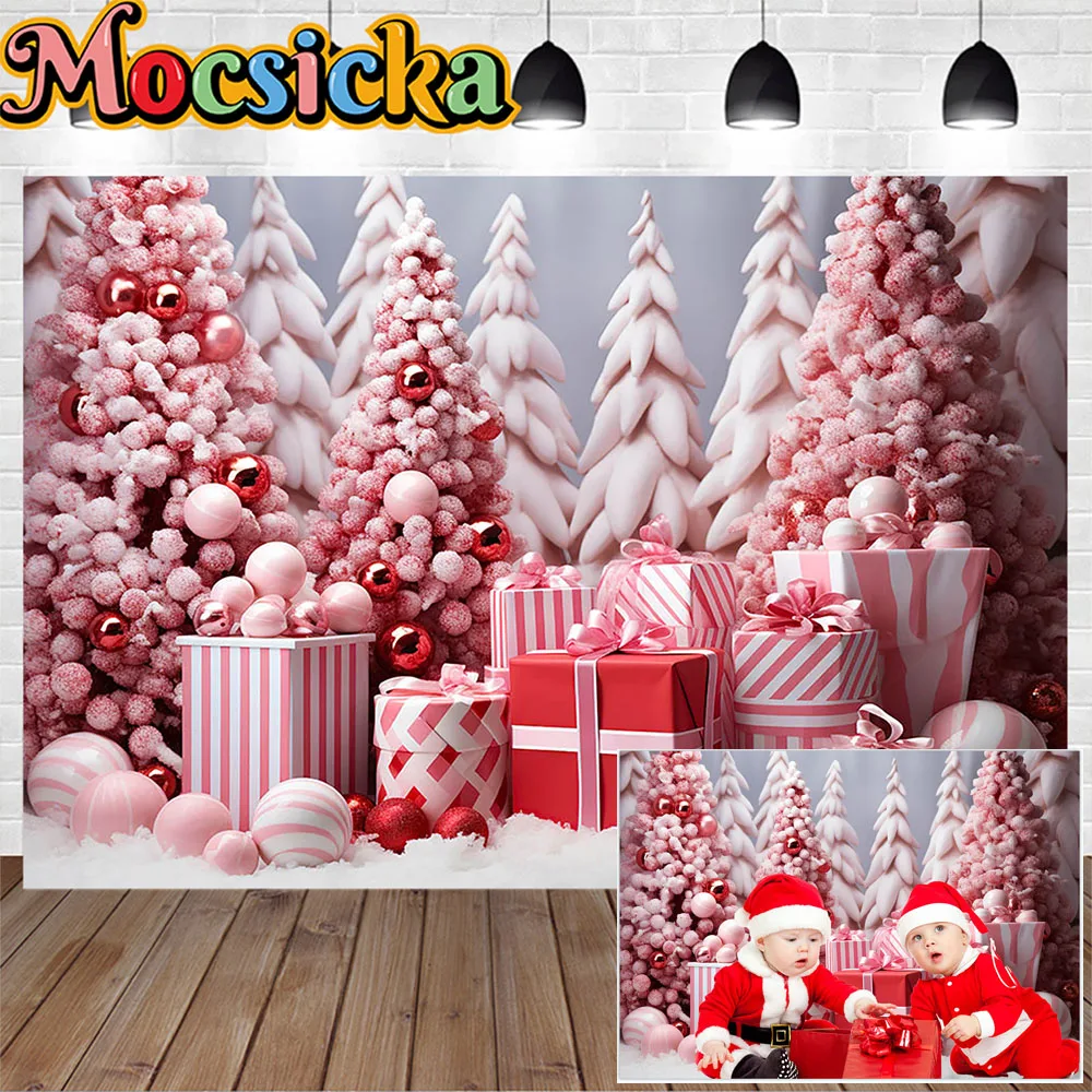 

Christmas Gift Decor Background Pink Pine Forest Snowflakes Winter Girl Birthday Party Photography Backdrop Kid Studio Photocall