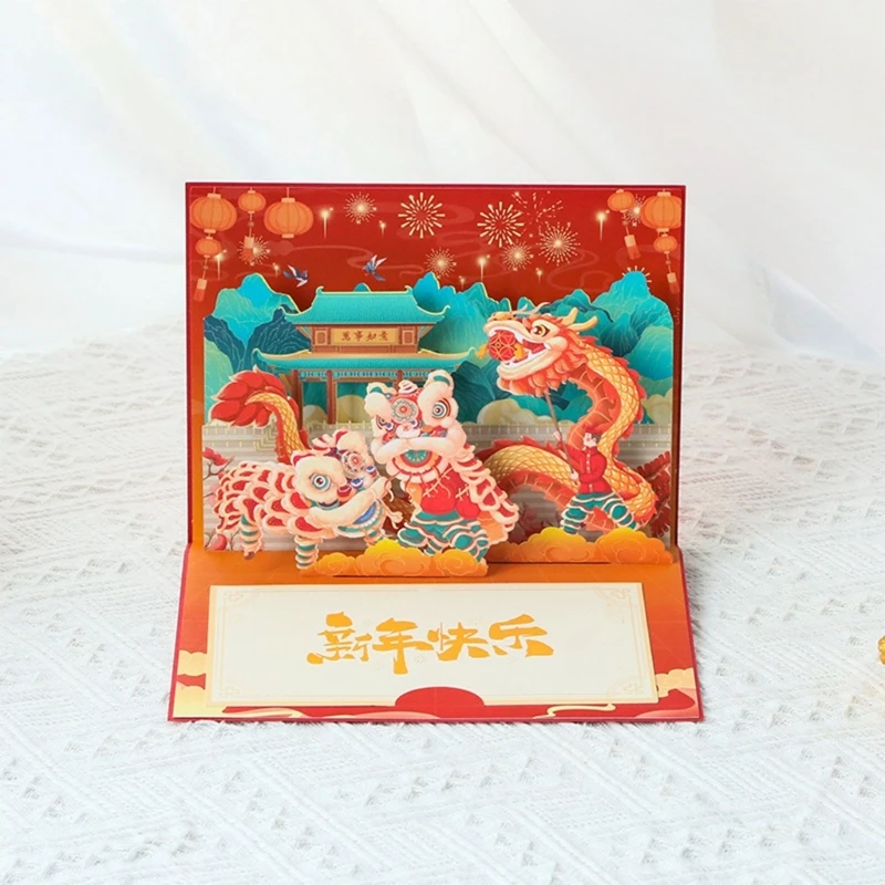 Popup New Year Card Traditional Chinese Dragon Dancing Greeting Cards with Envelope Small Blessing Card Party Supplies Dropship